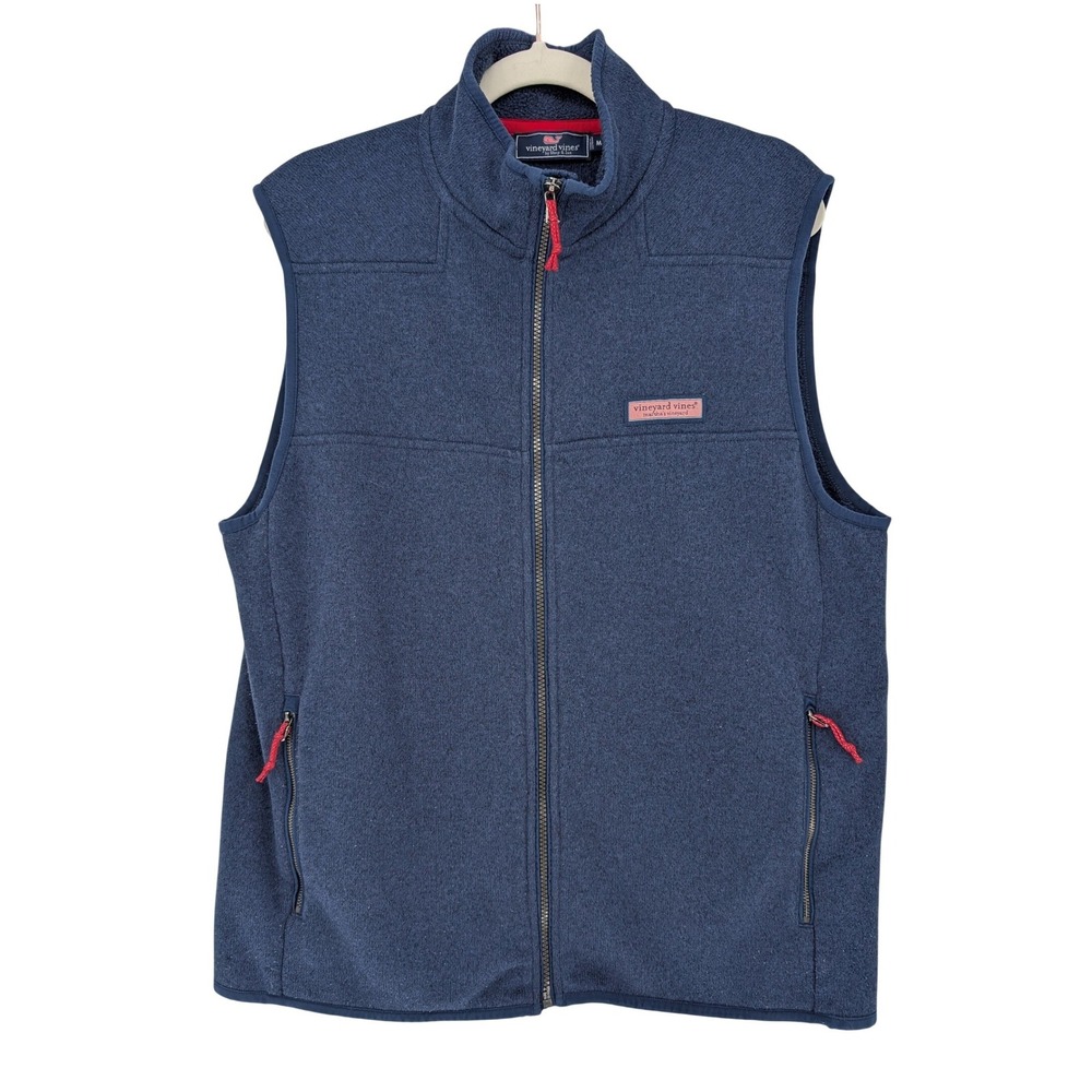 Vineyard Vines Fleece Knit Vest Mens M Blue Full Zip Mock Neck Coastal Preppy